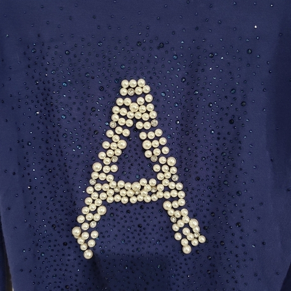 Blue Long Sleeve Faux Pearls Embellished Letter A Pullover Sweatshirt - Picture 4 of 11